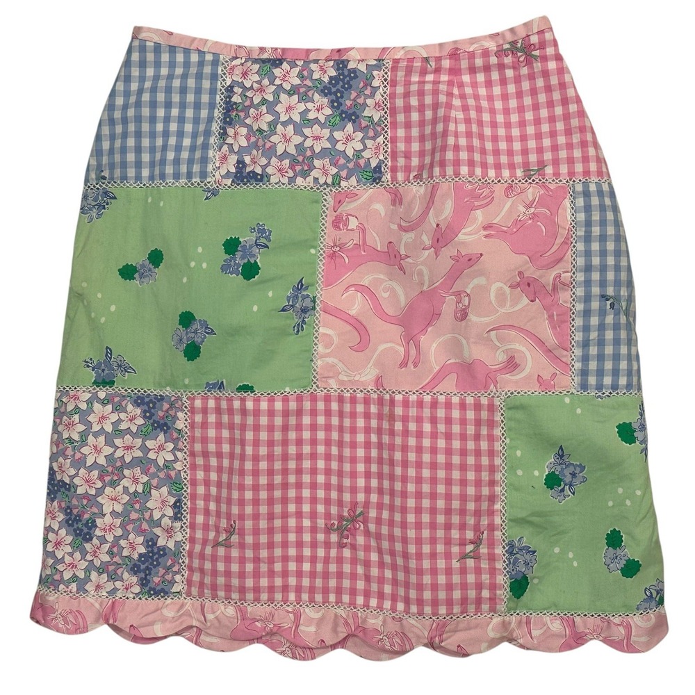 Lilly Pulitzer Skirt 10 Patchwork Check Pastel Floral Scallop Hem Preppy 90s VTG
